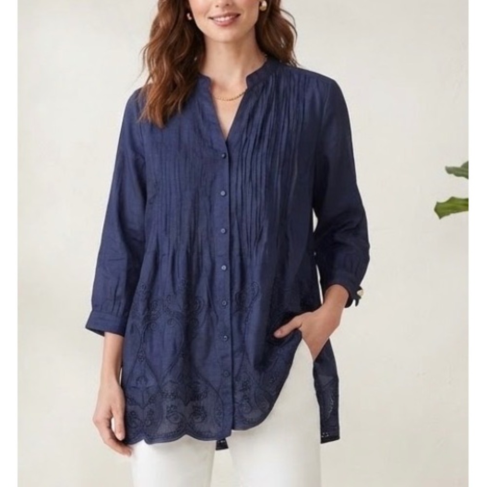 Coldwater Creek Navy Blue Pintuck Embroidered Eyelet Lace Tunic Top Large
